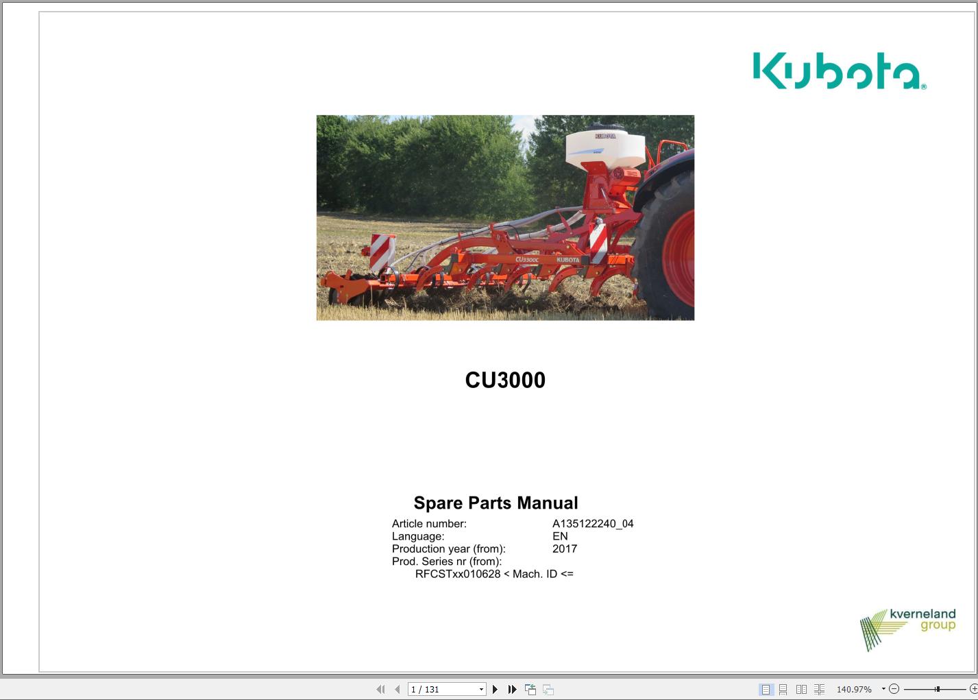 Kubota Cultivators CU3000 Spare Parts Manual 2017