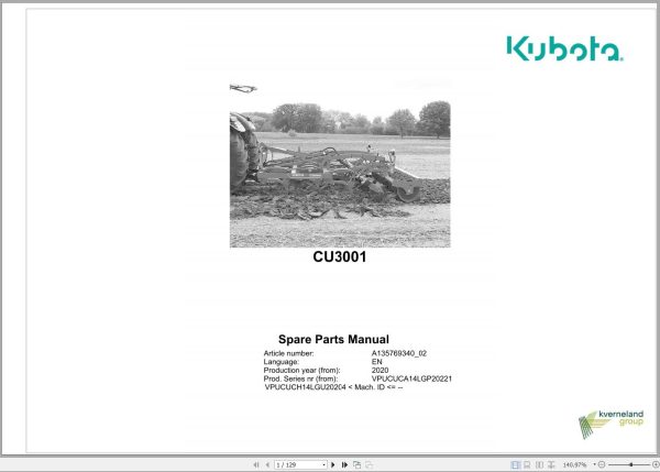 Kubota Cultivators CU3001 Spare Parts Manual 2020
