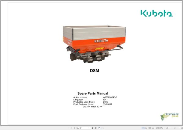 Kubota Disc Spreaders DSM Spare Parts Manual 2016