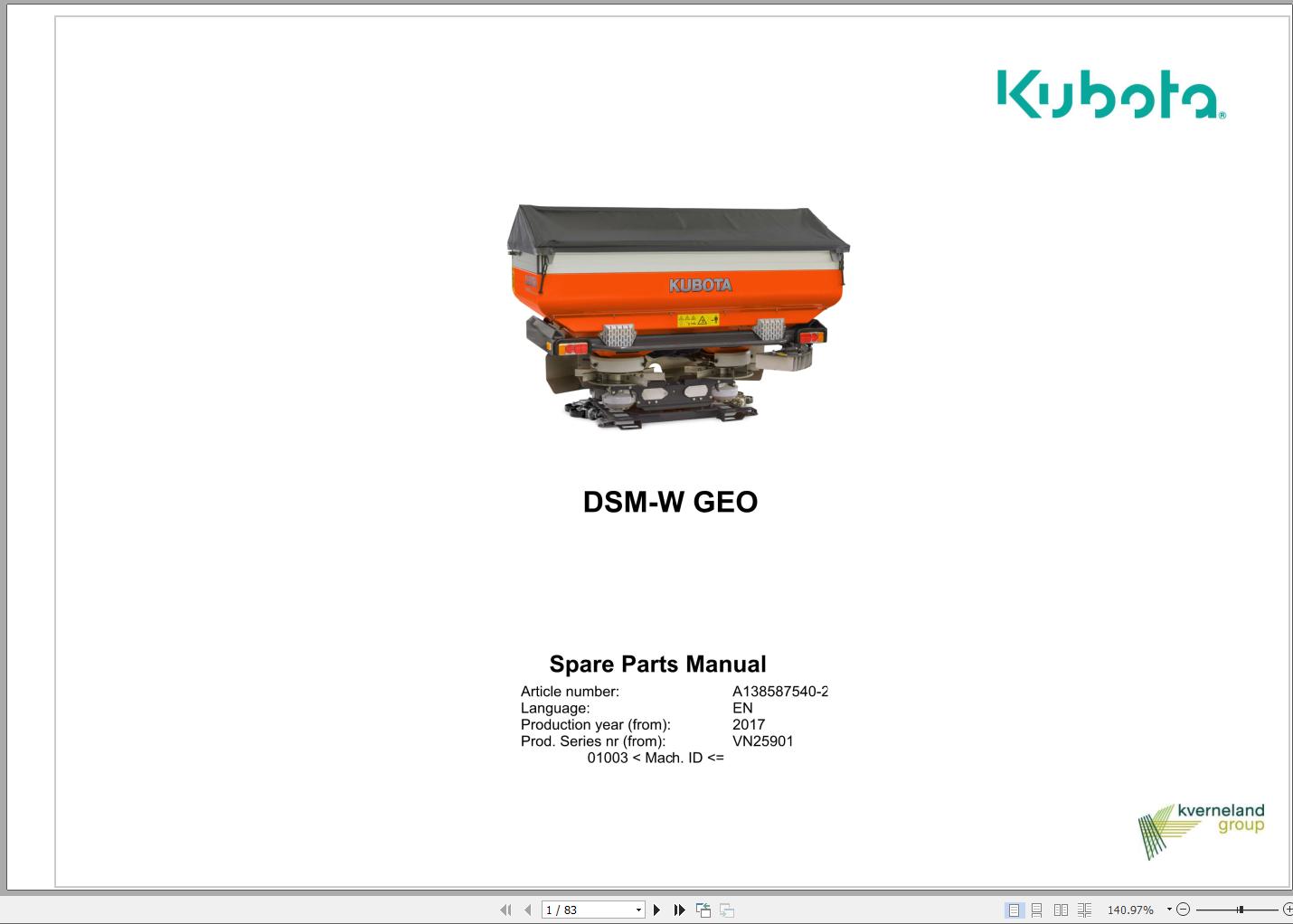 Kubota Disc Spreaders DSM W GEO Spare Parts Manual 2017