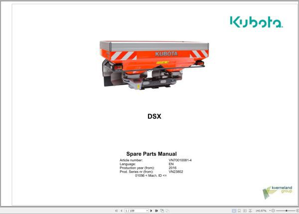 Kubota Disc Spreaders DSX Spare Parts Manual 2016