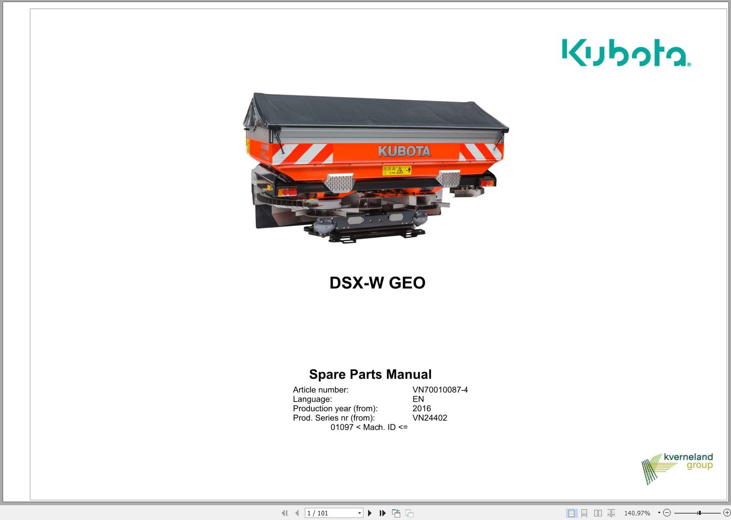 Kubota Disc Spreaders DSX W GEO Spare Parts Manual 2016