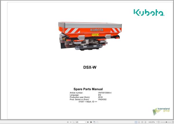 Kubota Disc Spreaders DSX W Spare Parts Manual 2016