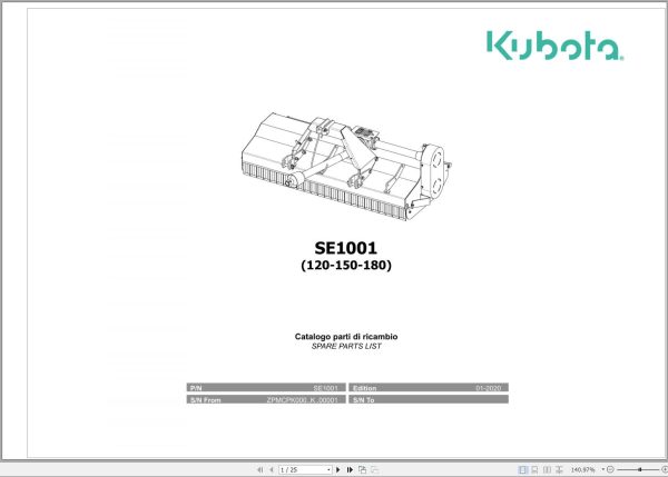 Kubota Mulcher SE1001 Spare Parts Manual 2020