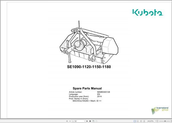 Kubota Mulcher SE1090 SE1120 SE1150 SE1180 Spare Parts Manual 2014
