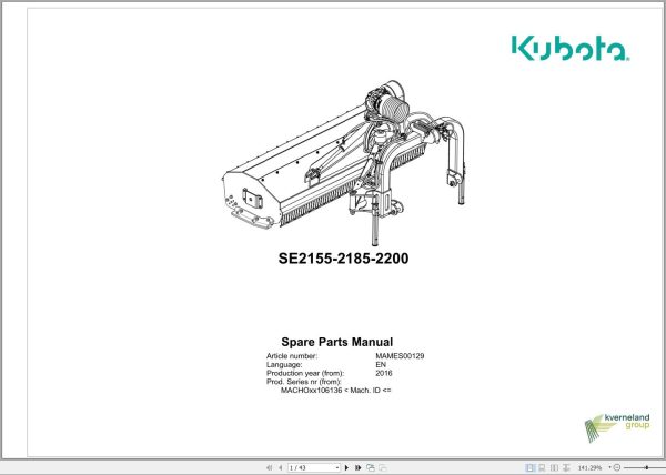 Kubota Mulcher SE2155 SE2185 SE2200 Spare Parts Manual 2016