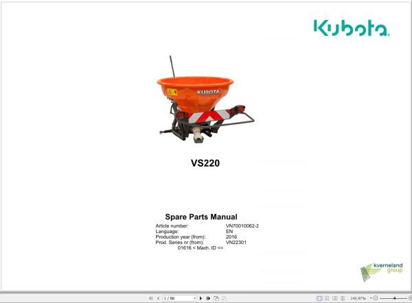 Kubota Pendulum Spreader VS220 Spare Parts Manual 2016