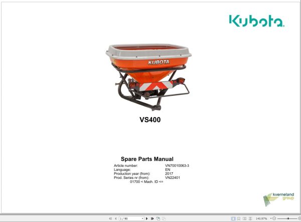 Kubota Pendulum Spreader VS400 Spare Parts Manual 2017