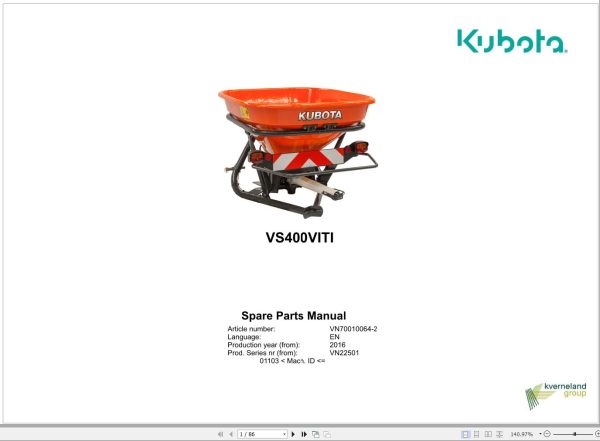 Kubota Pendulum Spreader VS400VITI Spare Parts Manual 2016