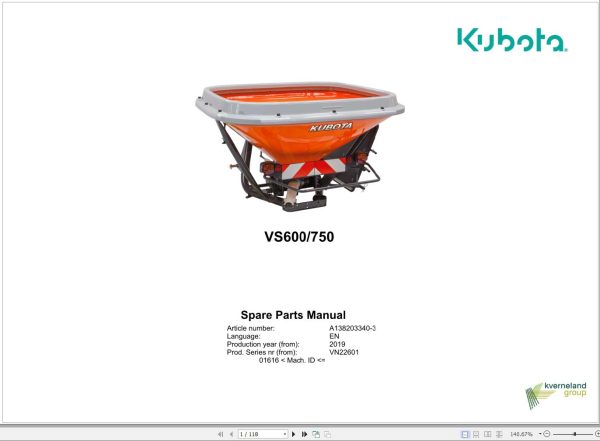 Kubota Pendulum Spreader VS600 VS750 Spare Parts Manual 2019