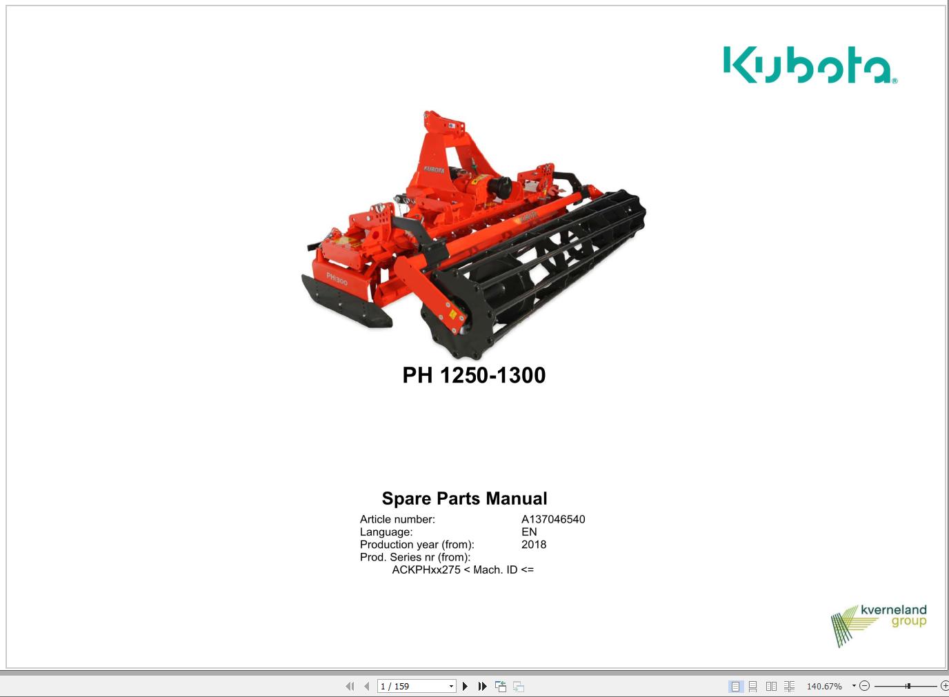 Kubota Power Harrows PH1250 PH1300 Spare Parts Manual 2018