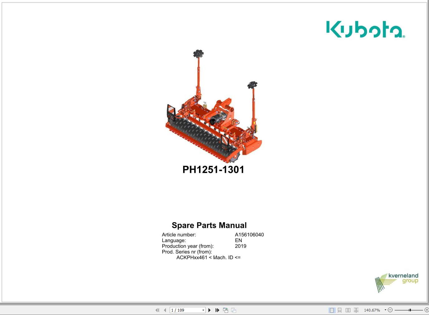 Kubota Power Harrows PH1251 PH1301 Spare Parts Manual 2019