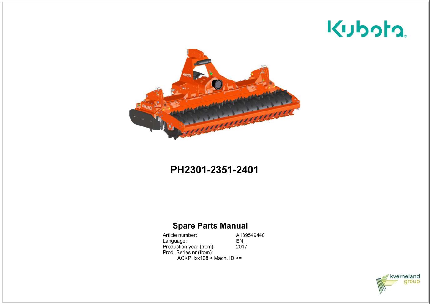 Kubota Power Harrows PH2301 PH2351 PH2401 Spare Parts Manual 2017