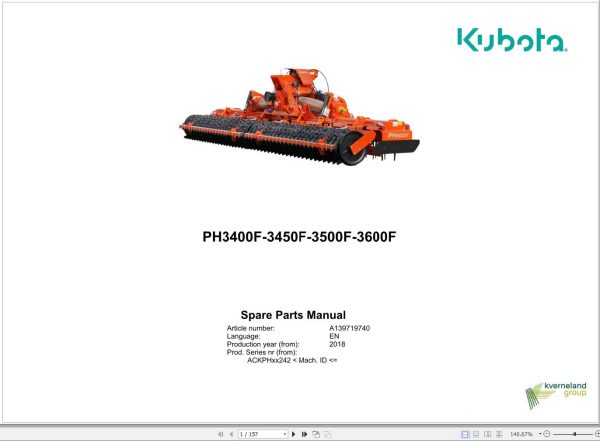 Kubota Power Harrows PH3400F PH3450F PH3500F PH3600F Spare Parts Manual 2018