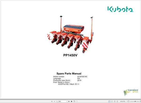 Kubota Precision Planters PP1450V Spare Parts Manual 2019