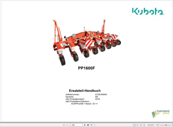 Kubota Precision Planters PP1600F Spare Parts Manual 2019 DE