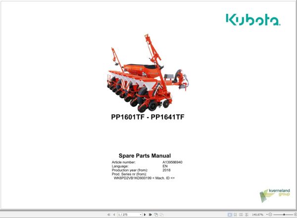 Kubota Precision Planters PP1601TF PP1641TF Spare Parts Manual 2018