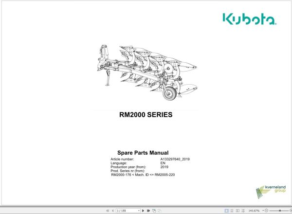 Kubota Reversible Mounted Ploughs RM2000 Series Spare Parts Manual 2019