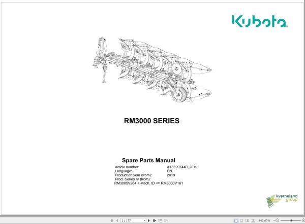Kubota Reversible Mounted Ploughs RM3000 Series Spare Parts Manual 2019