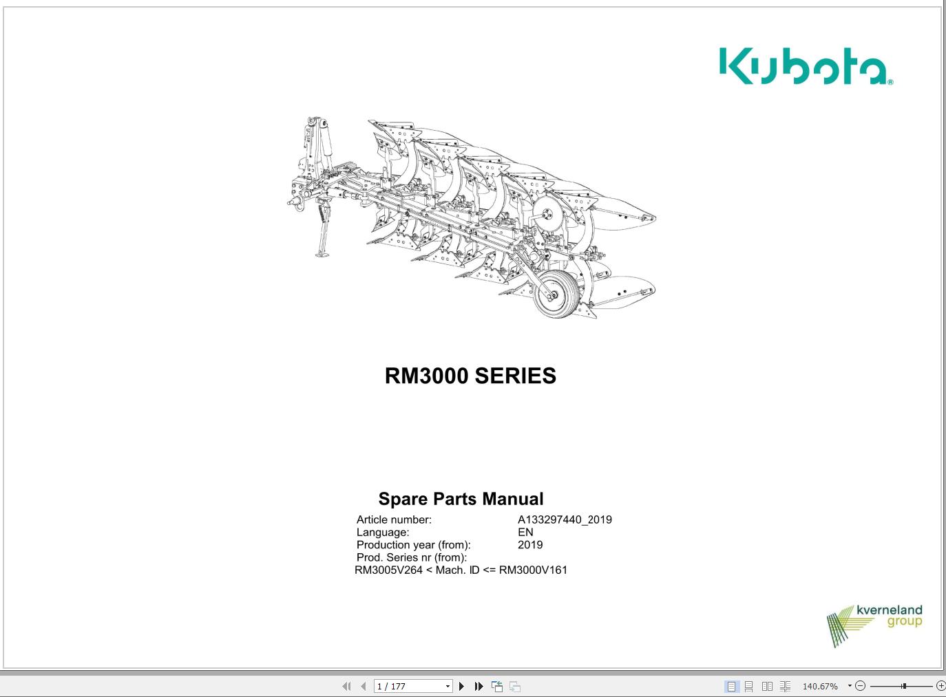 Kubota Reversible Mounted Ploughs RM3000 Series Spare Parts Manual 2019