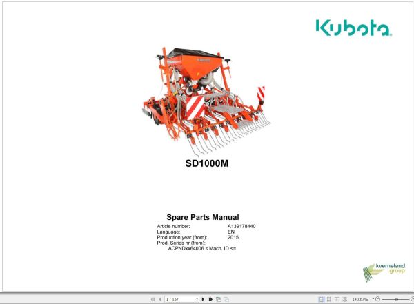 Kubota Seed Drills SD1000M Spare Parts Manual 2015