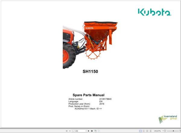 Kubota Seed Hoppers SH1150 Spare Parts Manual 2016