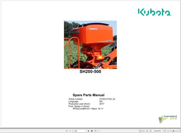 Kubota Seed Hoppers SH200 SH500 Spare Parts Manual 2017