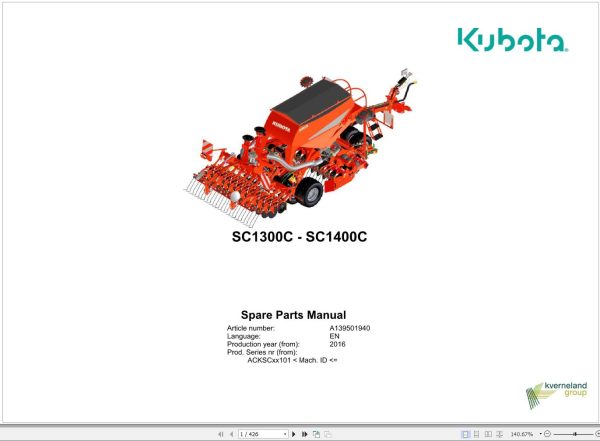 Kubota Seeding Combination SC1300C SC1400C Spare Parts Manual 2016