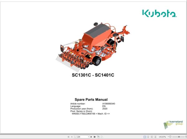 Kubota Seeding Combination SC1301C SC1401C Spare Parts Manual 2020