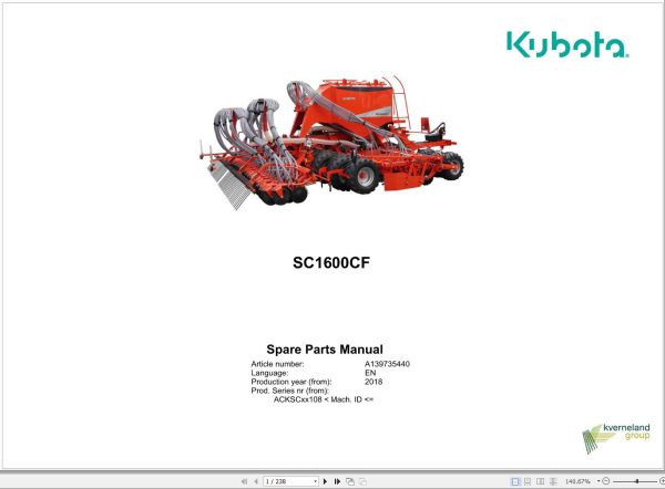 Kubota Seeding Combination SC1600CF Spare Parts Manual 2018