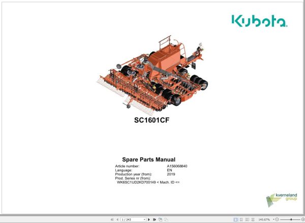 Kubota Seeding Combination SC1601CF Spare Parts Manual 2019