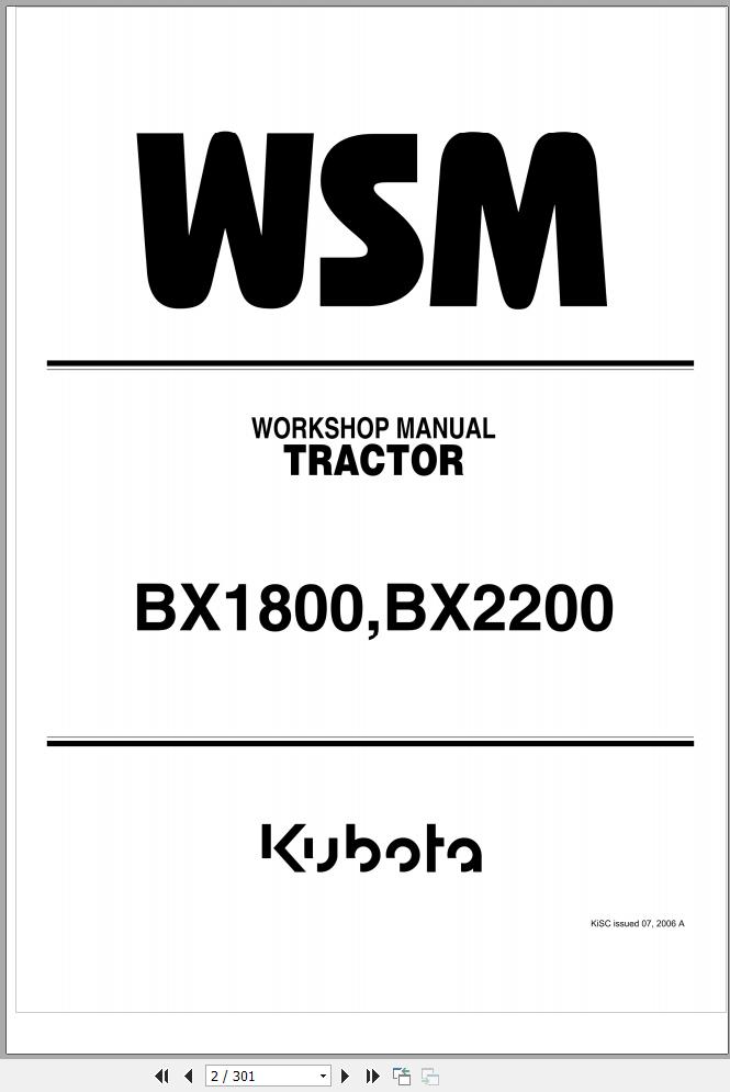 Kubota Tractor BX1800 Workshop Manual