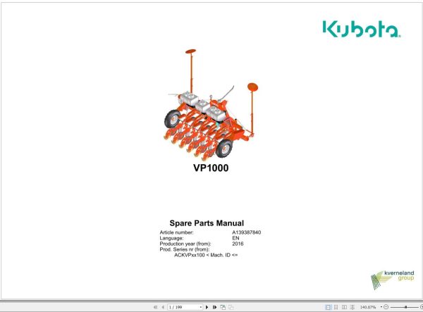Kubota Vegetable Planter VP1000 Spare Parts Manual 2016