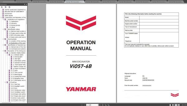 Yanmar Mini Excavator ViO57 6B Operator Manual Parts Catalog Installation Manual Hydraulic and Electronic Diagram 1
