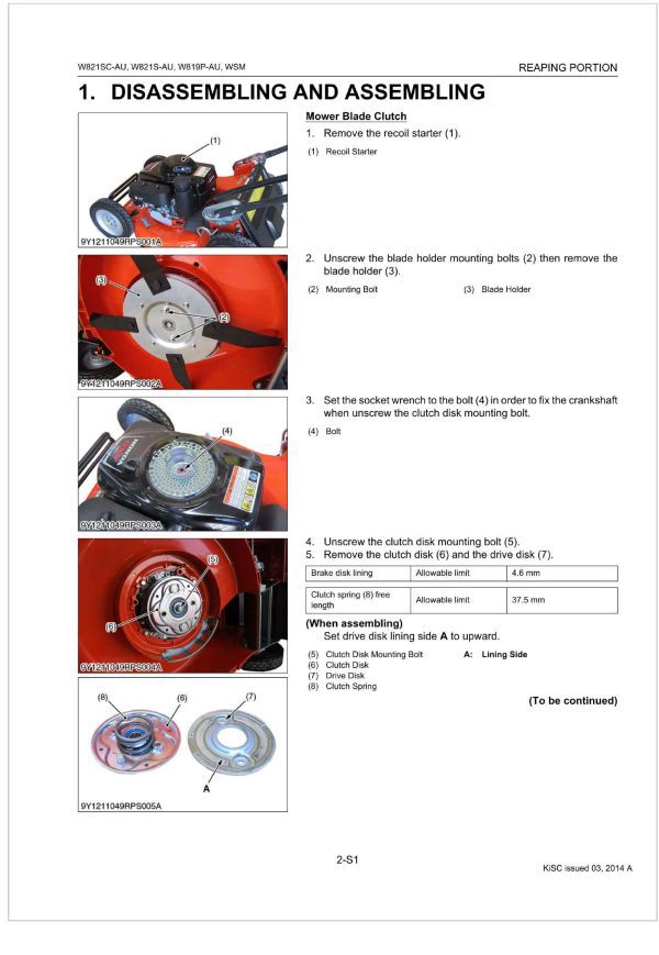 Kubota Walk Behind Mower W821S AU Workshop Manual 1