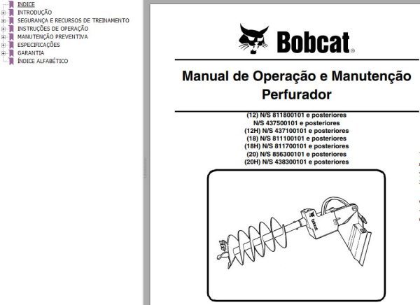 Bobcat Auger 12 12H 18 18H 20 20H Operation Maintenance Manual 6724838 PT