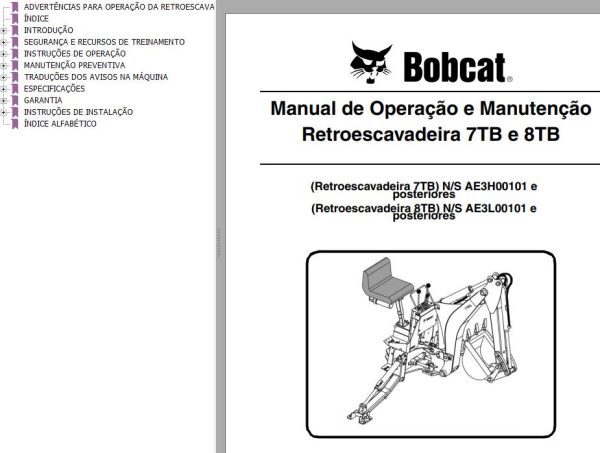 Bobcat Backhoe 7TB 8TB Operation Maintenance Manual 6987138 PT