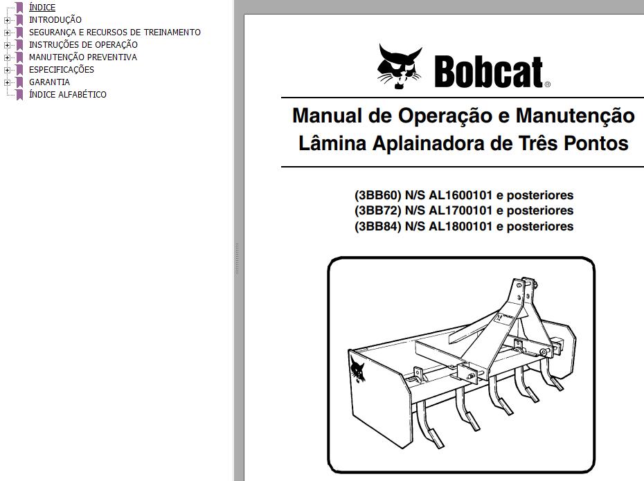 Bobcat Blade Box 3BB60 3BB72 3BB84 Operation Maintenance Manual 6989542 PT