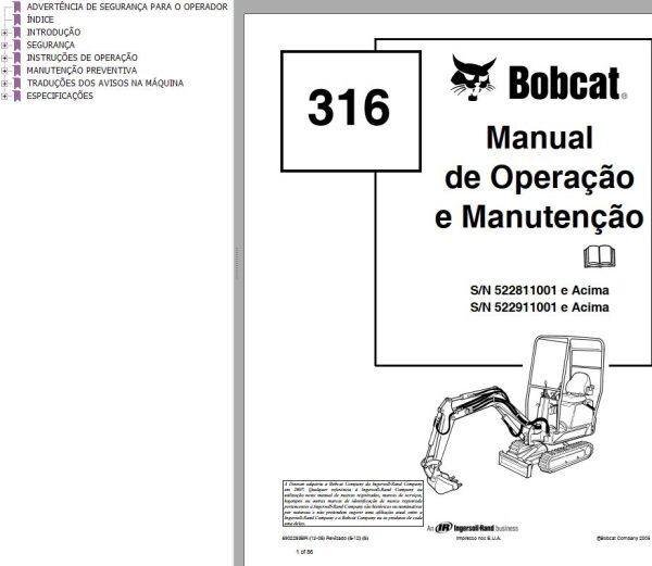 Bobcat Excavator 316 Operation Maintenance Manual 6902283 PT