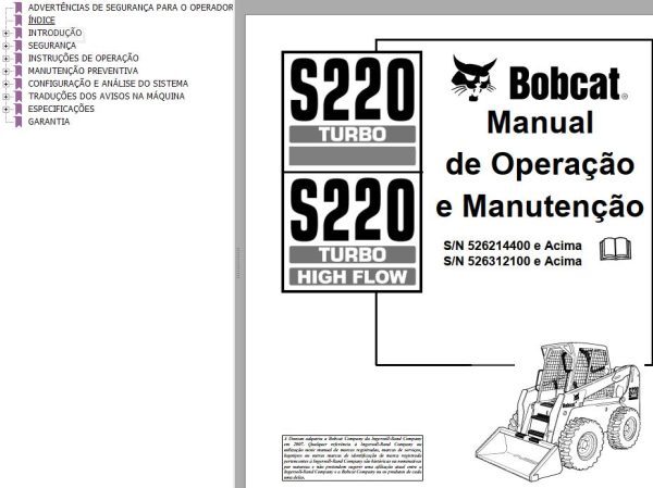 Bobcat Loader S220 Operation Maintenance Manual PT