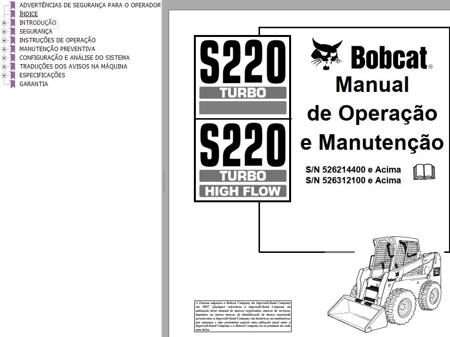 Bobcat Loader S220 Operation Maintenance Manual PT