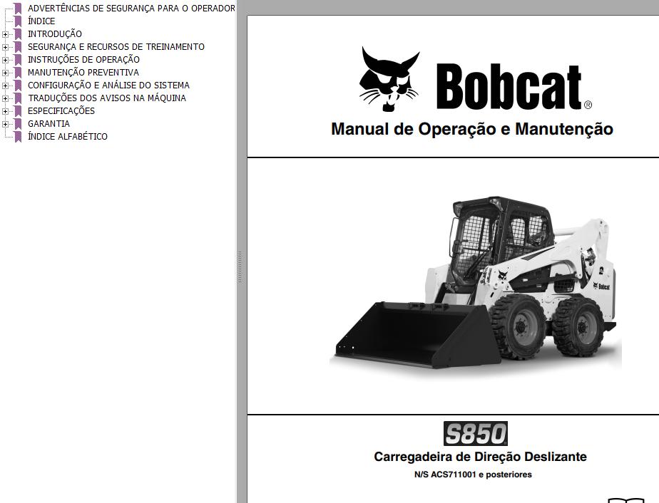 Bobcat Loader S850 Operation Maintenance Manual PT