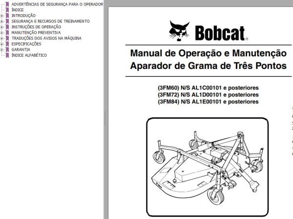 Bobcat Mower 3FM60 3FM72 3FM84 Operation Maintenance Manual 6989545 PT