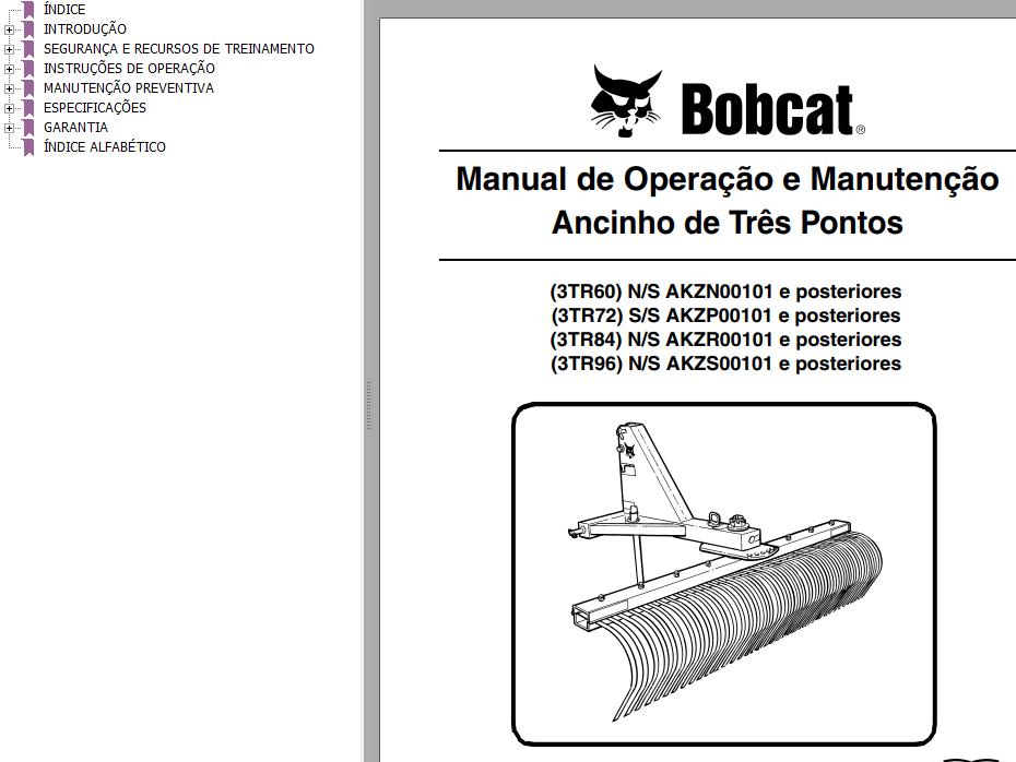 Bobcat Rake Tine 3TR60 3TR72 3TR84 3TR96 Operation Maintenance Manual 6989536 PT
