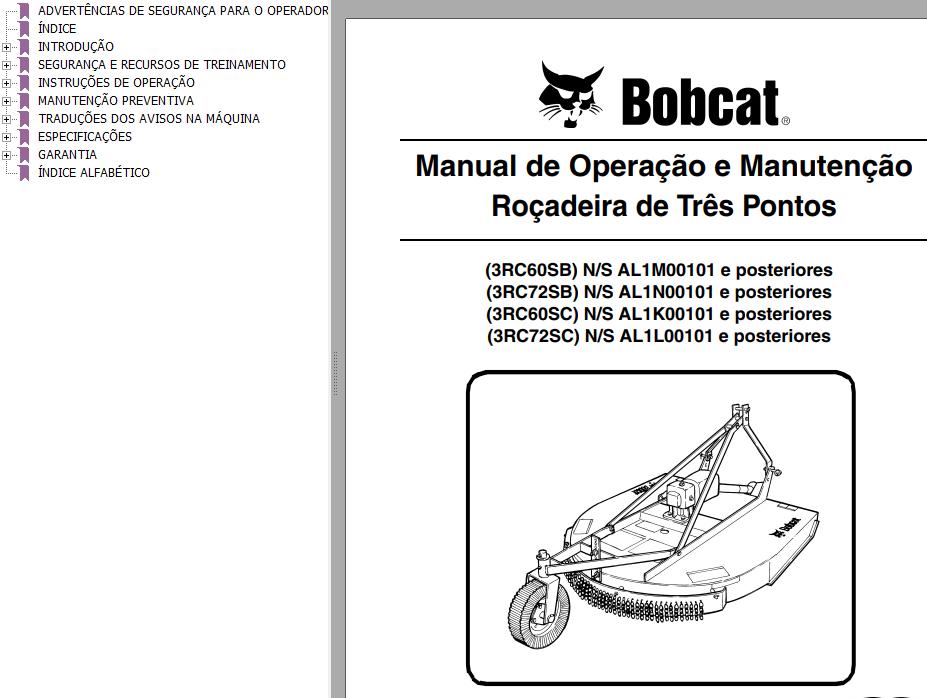 Bobcat Rotary Cutter 3RC60SB 3RC72SB 3RC60SC 3RC72SC Operation Maintenance Manual 6989548 PT