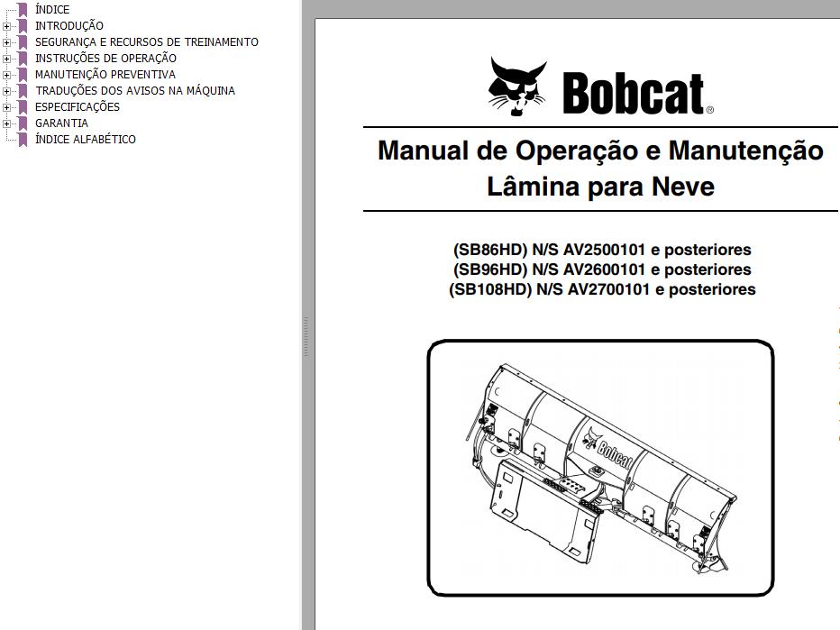 Bobcat Snow Blade SB86HD SB96HD SB108HD Operation Maintenance Manual 6990229 PT