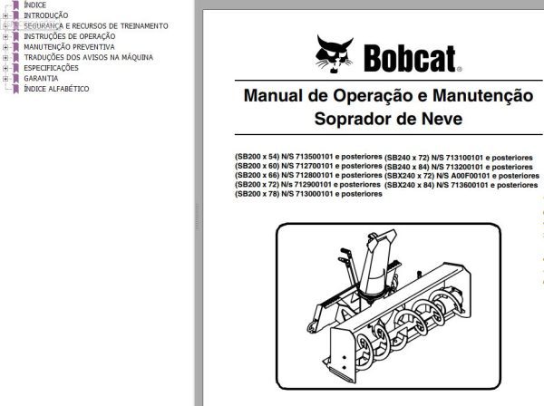 Bobcat Snowblower SB200x54 to SBX240x84 Operation Maintenance Manual 6902052 PT