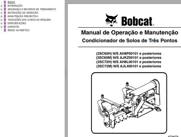 Bobcat Soil Conditioner 3SC60H 3SC60M 3SC72H 3SC72M Operation Maintenance Manual 6987448 PT