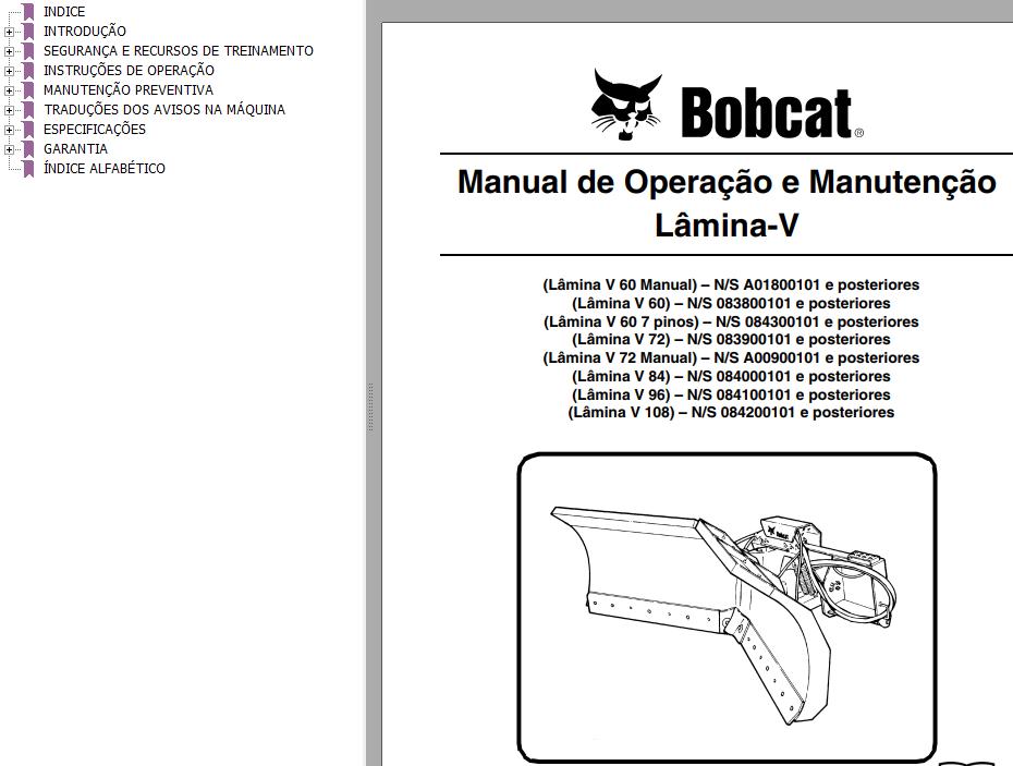 Bobcat V Blade 60 72 84 96 108 Operation Maintenance Manual 6902081 PT