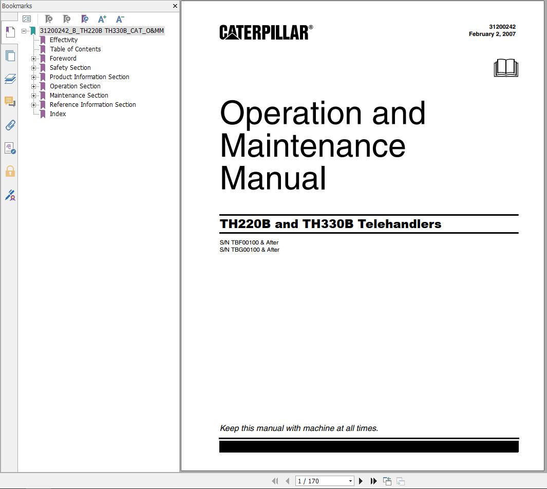 CAT Telehandler TH220B Operation And Maintenance Manual
